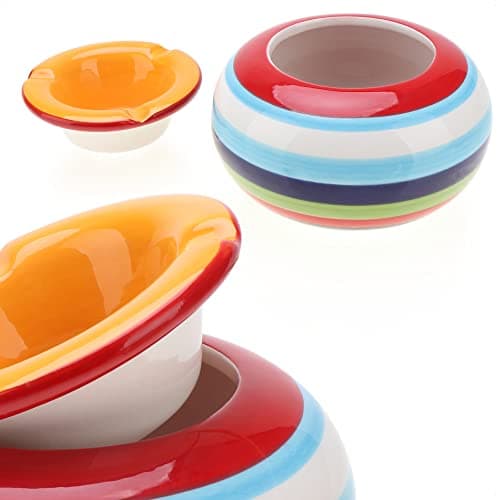 COM-FOUR® 2x Wind ashtrays made of dolomite ceramic in blue, yellow, green, red, each with colorful stripes (02 pieces - Ø 14 cm colored)