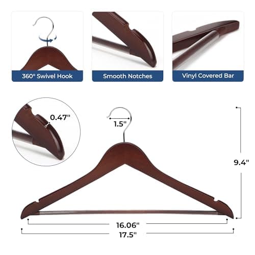 J.S. Hanger Solid Wooden Suit Hangers Walnut Finish with Polished Chrome Hooks - 20 Pack