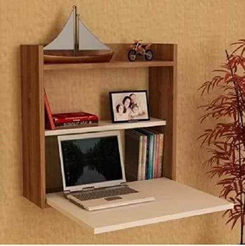 Modern Floating Desk With Storage Space Wood Wall Mounted Drop Leaf Open Close Book Shelf Small Space Saver Laptop Home Indoor Furniture