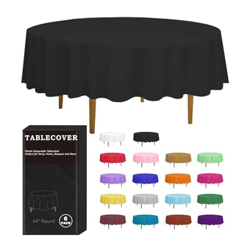 D&Z Plastic Table Cloth Disposable, 6 Pack Black Round Tablecloth Individually Wrapped for Indoor&Outdoor, 84 Inch Table Cover for Party, Picnic, Birthday, Wedding & Dinner