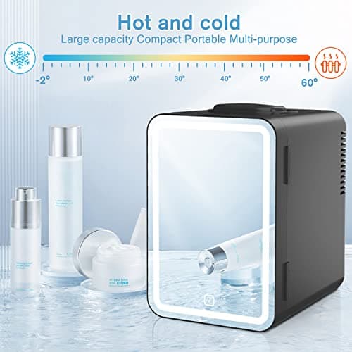 Mini Fridge with Mirror, AC/DC Portable Thermoelectric Cooler and Warmer Refrigerators for Beauty, Skin Care, Makeup, Bedroom, Room, Car (6L-Black)