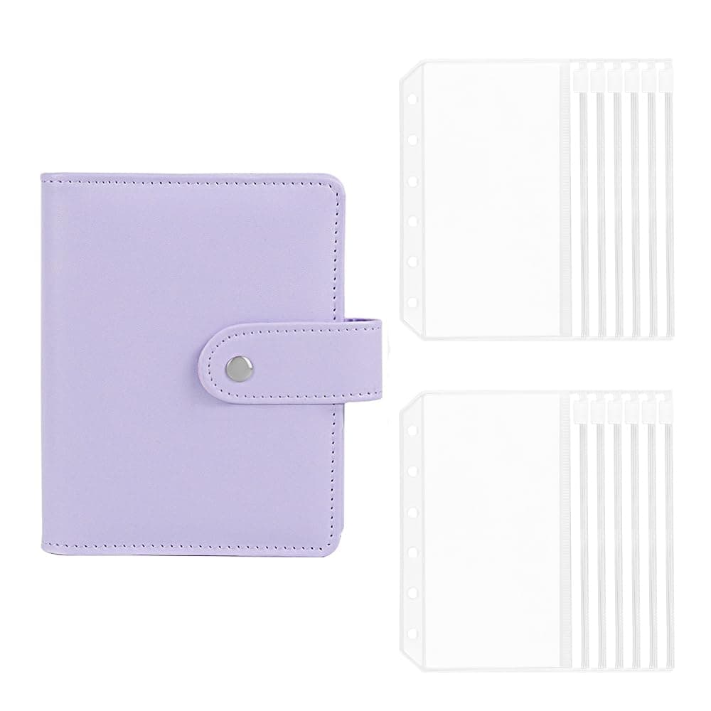 Mini A7 Binder Wallet Purple PU Budget Binder with 12pcs Zip Pockets Kit, Zipper Cash Envelops and 6 Rings Loose Leaf Notebook Cover for Planner Traveller Gift Ideal(Purple)