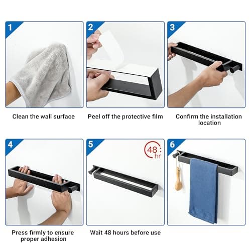 SAYAYO Black Towel Rail with a Hook Self Adhesive Towel Holder Wall Mounted 30CM/12-Inch, SUS304 Stainless Steel Towel Ring for Bathroom Kitchen