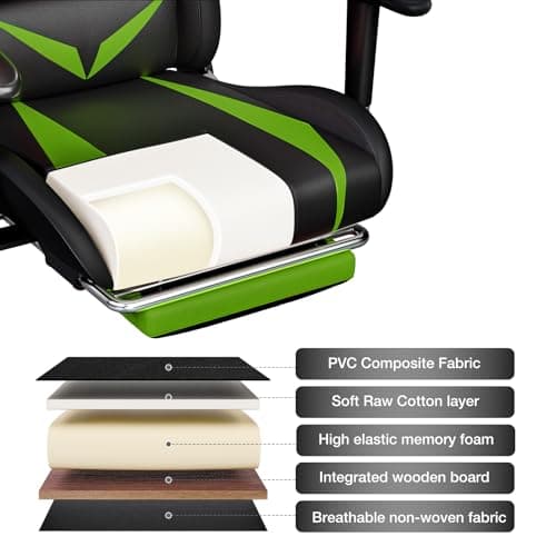 HOFFREE Gaming Chair with Bluetooth Speakers and Led Lights Massage Vide Game Chair with Footrest Reclining High Back Computer Gamer Chair Green and Black