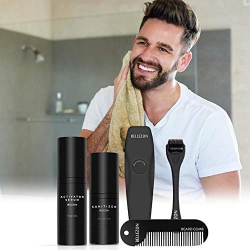 Baiwka Beard Growth Kit, New Upgrade 4 Pcs Beard Growth Tools, Includes 30ml Beard Growth Activator Serum/Beard Roller/15ml Sanitizer and Comb, Beard Grooming Tool Kit, Beard Care Sets for Men/Dad