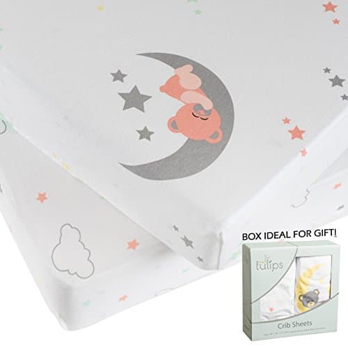 Three Tulips Crib Sheet, Fitted 100% Organic Jersey Cotton Knit 2 Pack Set - Stars, Clouds, Bears and Moons, Gift Box