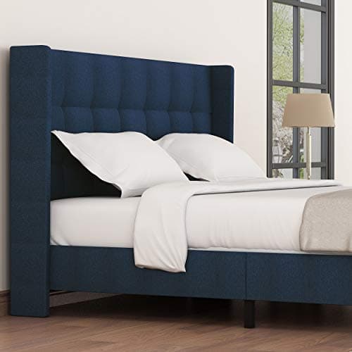Amolife Full Bed Frame Wingback Platform Bed/Mattress Foundation with Wood Slat Support/Upholstered Square Stitch with Headboard, Dark Blue