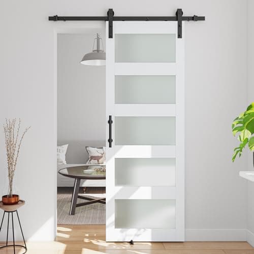30in x 84in 5-Panel Glass Barn Door with 5ft Sliding Door Hardware Kit & Handle, Pre-Drilled Holes Easy Assembly -Solid Wood Slab & MDF Inside Covered with Water-Proof PVC Surface, White