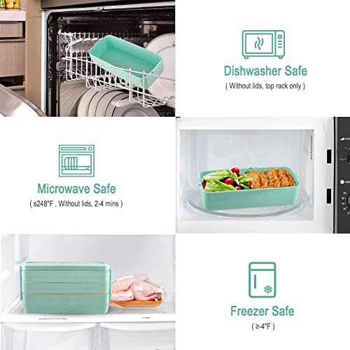 Iteryn Bento Box Lunch Box, 3-In-1 Compartment Containers - Wheat Straw, Leakproof Stackable Bento Lunch Box Meal Prep