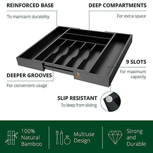 ROYAL CRAFT WOOD Luxury Bamboo Kitchen Drawer Organizer - Silverware Organizer - Utensil Holder and Cutlery Tray with Grooved Drawer Dividers for Flatware and Kitchen Utensils (Black)