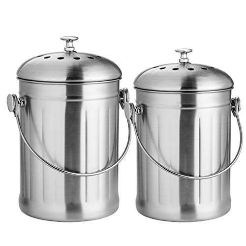 ENLOY Stainless Steel Compost Bin Set 1.3 Gallon and 0.8 Gallon with 4 Charcoal Filters and Carrying Handle for Kitchen Food Waste, Easy Clean Compost Bucket for Kitchen Countertop, 2 Pack