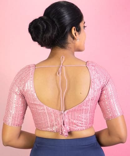 FIGURE'S DESIGNER Women's Sequin V Neck Elbow Half Sleeve Readymade Saree Blouse E1