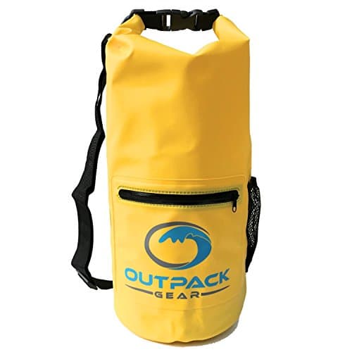 Outpack Gear Dry Bag Waterproof Backpack | Lightweight Daypack Sport Sackpack | Roll Top, Zip Pocket, Water Bottle Holder, Shoulder Straps | Kayaking Beach Boating Gym Hiking Swim Camping | Yellow 20L