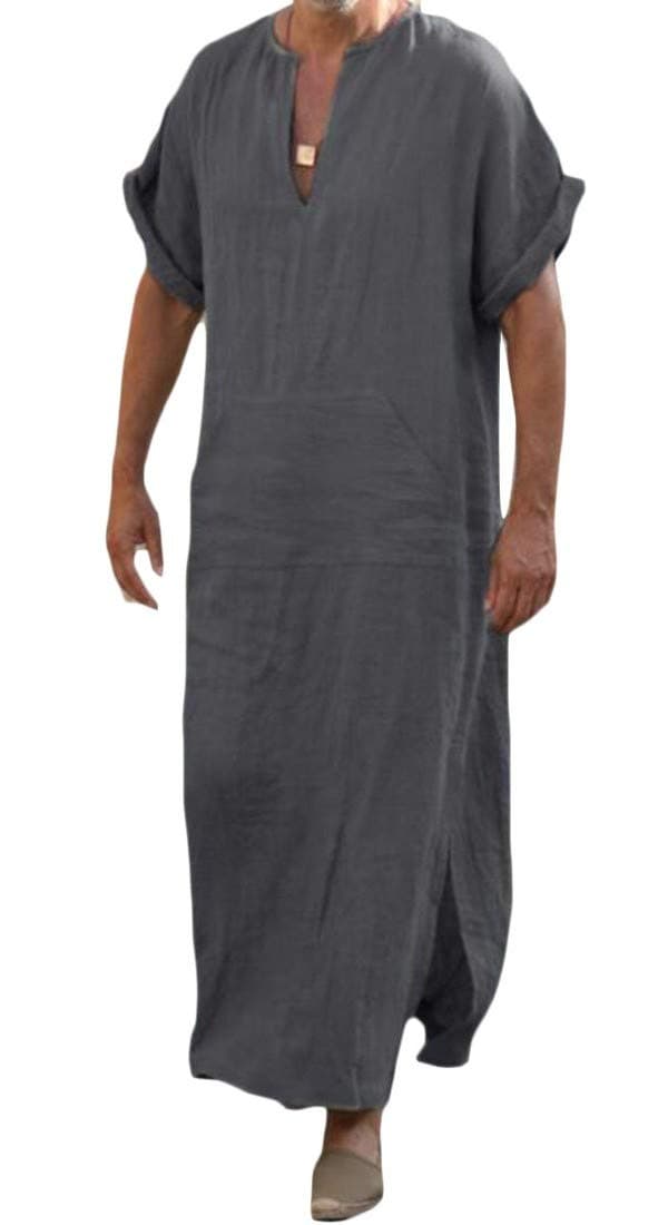 KLJR Men Solid Cotton Linen Plus Size Short Sleeve Muslim Arab Thobe Thawb Caftan Robes