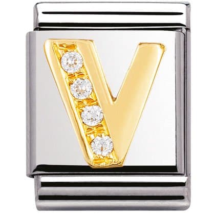 Original Nomination Big Initial V in Rhinestones and 18K Gold