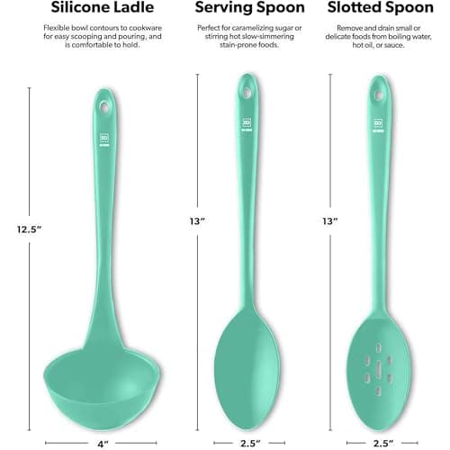 DI ORO Silicone Ladle & Spoons for Cooking – Large Kitchen Spoons for Mixing, Serving, & Stirring - Soup Ladle with Wide Bowl - High Heat Silicone Kitchen Utensils for Nonstick Cookware Safe (Mint)