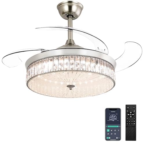 Ohniyou 42" Retractable Ceiling Fan with Light and Remote,Crystal Chandelier Ceiling Fan for Bedroom Living Room Indoor (Chrome Silver)