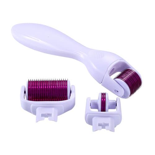 3 in 1 Micro Needle Derma Roller Kit with 3 Detachable Roller Heads(0.5mm/180 Needles, 1.0mm/600 Needles, 1.5mm/1200 Needles, Made of Medical Steel for Eyes, Face and Body) and 1 Handle - Wonderful for fine lines, acne marks, wrinkles, scars, stretch marks, cellulites, eye bags, dark spots, blemishes, saggy skin ,body and other skin problems - 100% Satisfaction Guarantee or Money Back- White Handle & Purple Roller