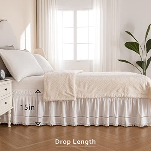 MIYE Wrap Around Ruffled Lace Bed Skirt, Elastic Dust Ruffle with Adjustable Belts,15 Inch Drop Easy to Put On, Bed Frame Cover, Machine Washable (Floral Lace, Full/Twin-15)