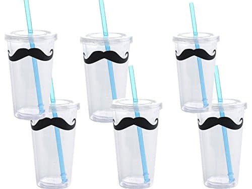 16 Oz Mustache Double Walled Reusable Cup with Lid and Straw (6-pack)
