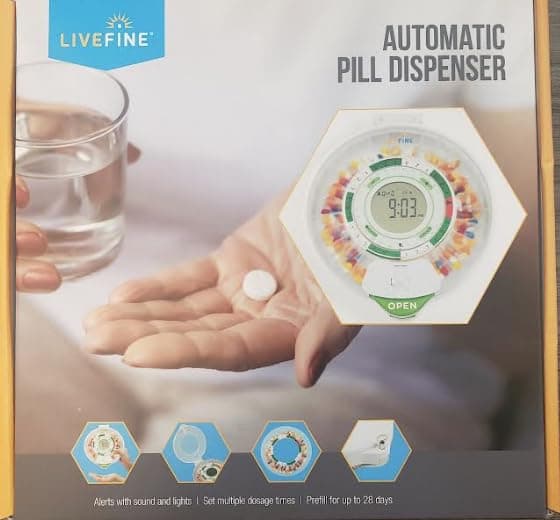 LiveFine Smart WiFi Automatic Pill Dispenser | 28-Day Medication Organizer Up to 9 Doses Per Day for Care Monitoring with Locking Key, Adjustable Light/Sound Alarms for Prescriptions & Vitamins