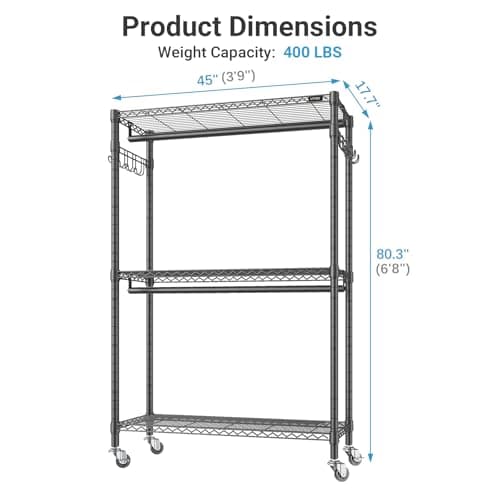 VIPEK R2 Plus Heavy Duty Rolling Clothes Rack 3 Tier Adjustable Wire Shelf Clothes Rack with Double Rod and Side Hooks Freestanding Wardrobe Storage Rack Metal Clothes Rack Black