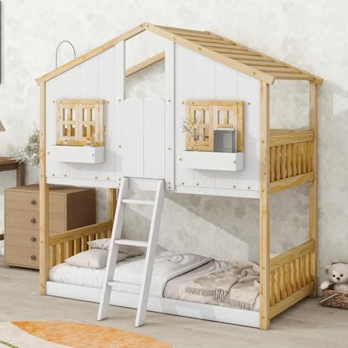 MERITLINE House Shape Bunk Bed Twin Over Twin Kids Bunk Beds with Roof, Window, Window Box & Door, Twin Size Bunk Bed Frame with Ladder for Kids Boys Girls Teens (Natural+White)