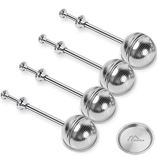Numola Long Handle Tea Ball Stainless Steel with Drip Trays, 4Pcs Premium Tea Infuser Filter for Loose Leaf Tea, Reusable Fine Mesh Tea Interval Diffuser Strainer for Cup and Teapot