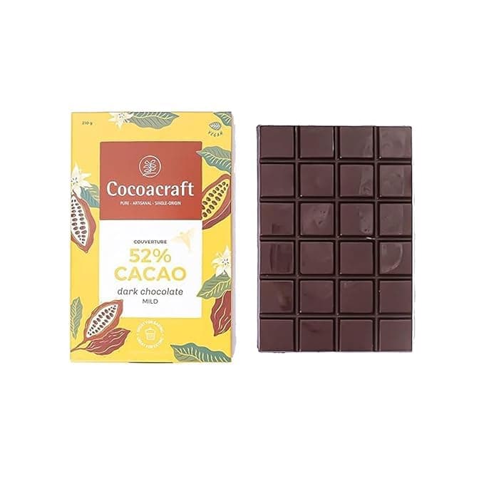 52% Mild Dark Chocolate Couverture (210g) Dark Chocolate Baking Bar| 100% Natural| Handmade Artisanal Couverture from Kerala| Easy for Snacking, Making Chocolates, Cake Toppings.
