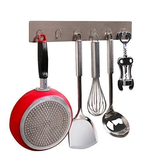 SEMITO Self Adhesive Plastic And Stainless Steel Wall Mounted Hanger Strip with 6 Hooks (Multicolour, 44 * 8cm)