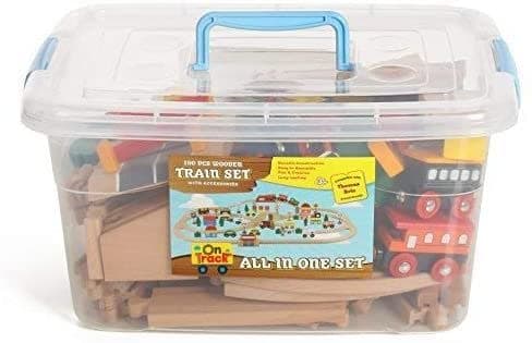 100 Piece All In One Wooden Train Set With Accessories, Comes In A Clear Container, Compatible With All Major Brands