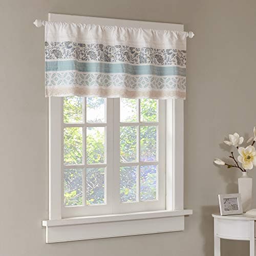 Madison Park Dawn Printed Blue Window Valance , Cotton Pieced Rod Pocket Print Floral Valances for Windows , 50X18" , Teal