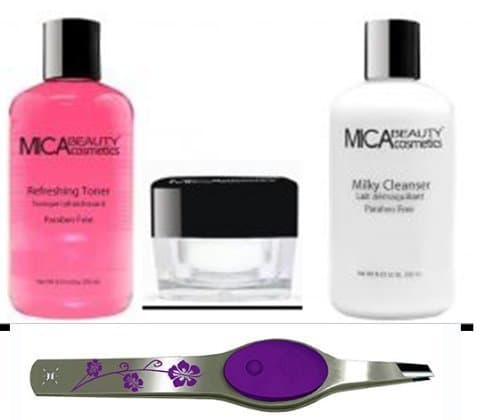 Bundle 4 Items: Mica Beautymosturizer. Milk Cleanser Tonner + Lighted Floral White Color Tweezers