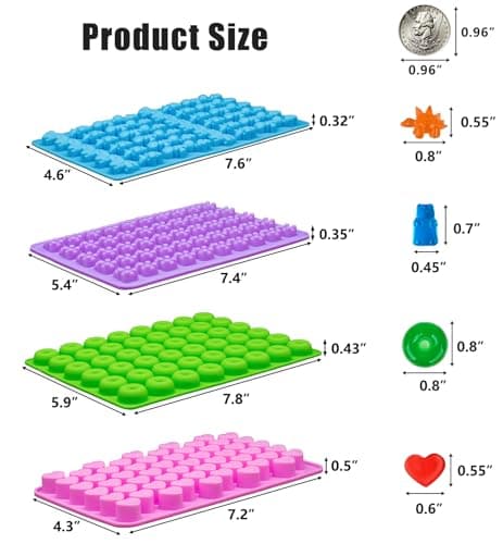 Silicone Gummy Bear Candy Molds, 4 Pack with 201 Cavities, Multi-Shape (Dinosaur, Bear, Heart, Mini Donut), Non-Stick, BPA Free