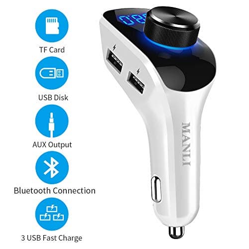 Bluetooth FM Transmitter for Car, MANLI Wireless in-Car Transmitter Radio Adapter Car Kit, Universal Car Charger with Three USB Charging Ports, Hands Free Calling