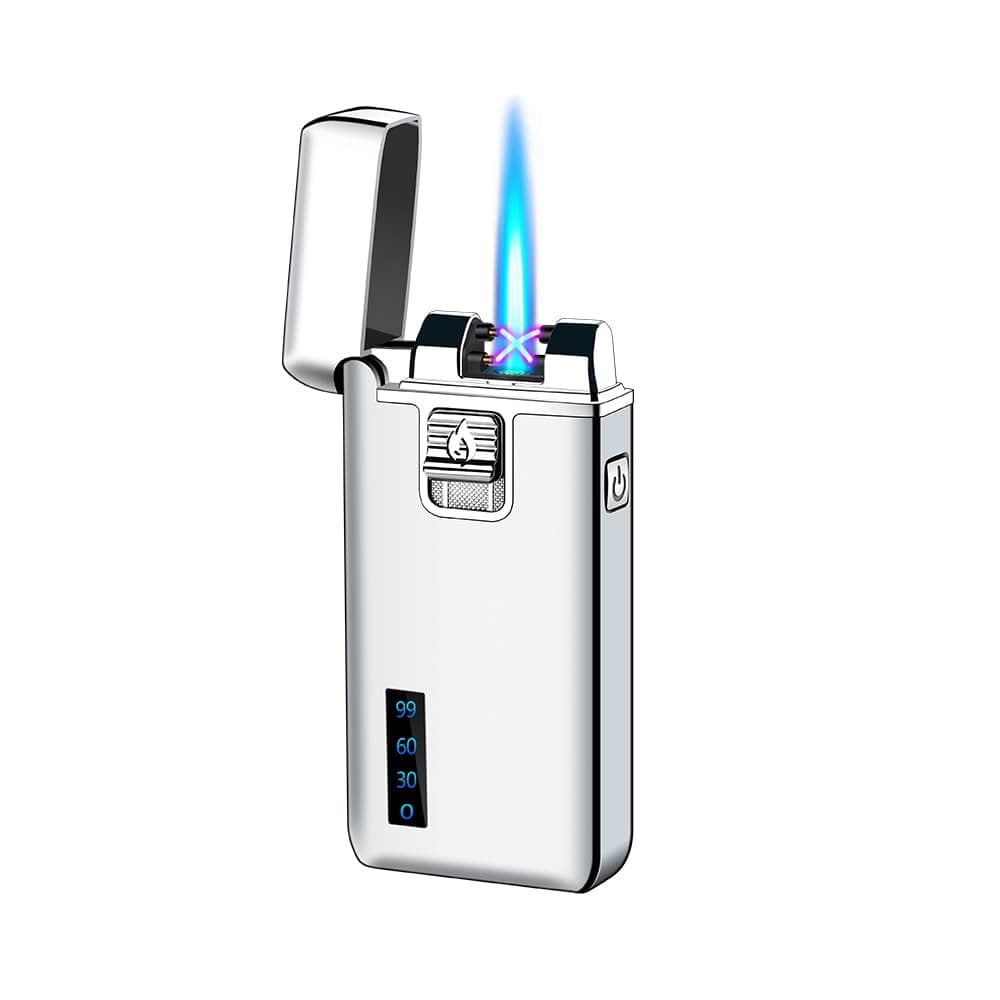 Torch Lighters Dual Arc Lighter 2 in 1 Jet Flame Butane Lighter Electric Lighter USB Rechargeable Lighter Windproof Infinity Lighter Battery Indicator for Camping Indoor (Silver)