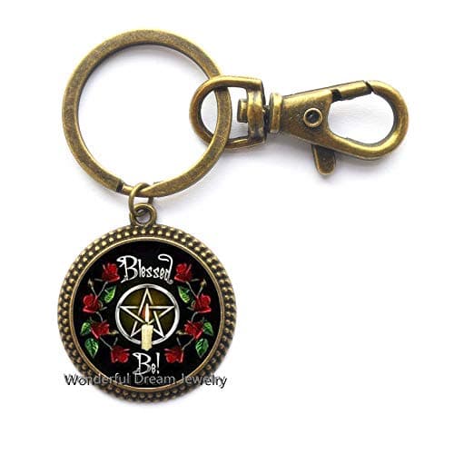 New Arrival Wiccan Key Ring Keychain Witchcraft Pagan Pentagram Black Magic Jewelry Glass cabochon Jewelry,PU080 (Brass)