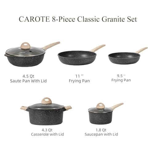 CAROTE Nonstick Granite Cookware Sets 10Pcs Stone Cookware Set, Non Stick Frying pan Set, pots and Pans Set Suitable for All Stoves (Granite, Induction Kitchen Cookware)