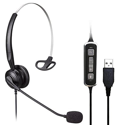 USB Monaural Headset with Noise Cancelling Microphone, Volume Adjuster and Mute Control for Computer, PC, Mac, Call Center - Black