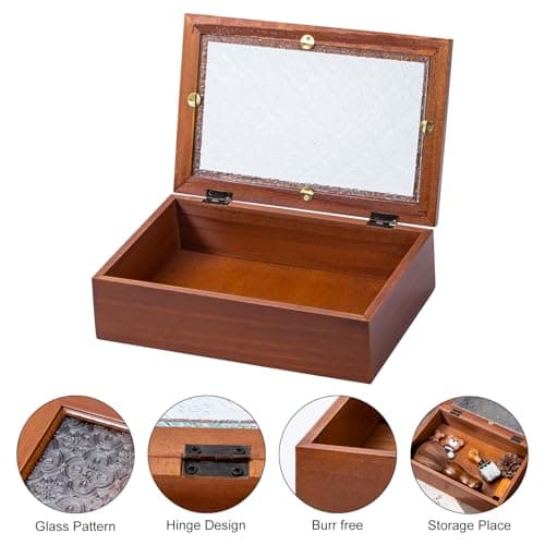 Useekoo Wooden Storage Box Container with Hinged Glass Lid & Front Clasp, 9.2”x4.7”x2.7” Vintage Wood Keepsake Boxes, Rustic Memory Gift Box for Jewelry, Wedding, Peals(Brown)