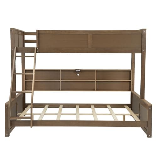 Wood Bunk Bed Twin XL Over Queen Size with Built-in Storage Cabinets and USB Ports, Versatile Bunk Bed Frame with Ladder and Guardrail for Kids Teens Adult, Maximize Space (Wood-T-Q)