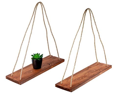 Rustic Farmhouse Wood Hanging 17" Distressed Wall Shelf (Set of 2) - Floating Shelves With Rope and Mounting Hardware – MADE IN USA - Modern Country Decor For Plant Display, Office, Organization