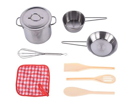 Stainless Steel Pots and Pans Cookware Pretend Kitchen Play Set for Kids (9 pcs)