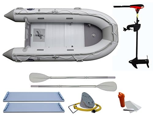 RibRave 12ft Inflatable Boat with 46lb thrust Trolling Motor, Aluminum Floorboards, Two Oars, Foot Pump, Two Seats and Repair Kit
