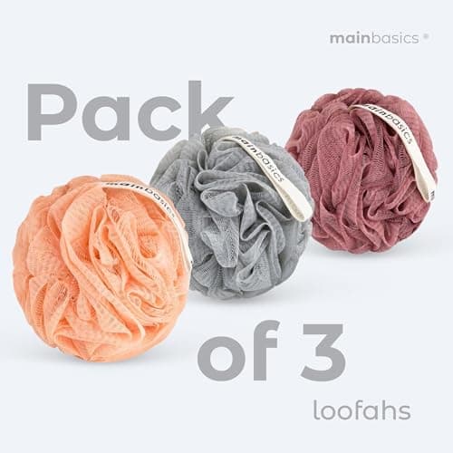 MainBasics Bath Shower Loofah Sponge Pouf Body Scrubber Exfoliator (Set of 3)