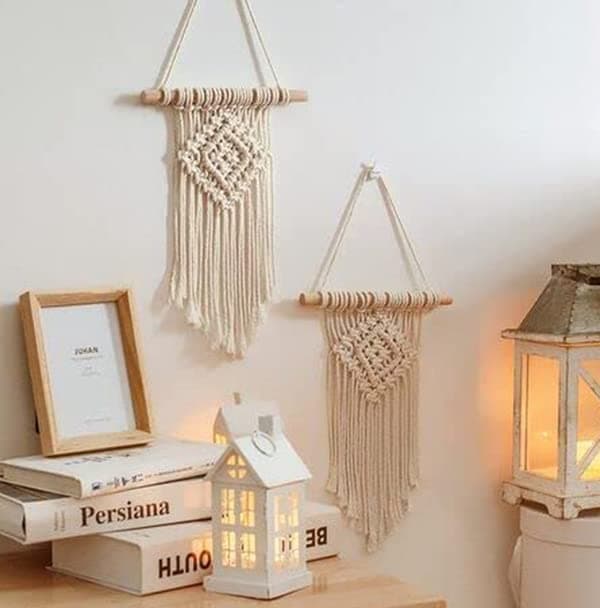 Waterlily House -02 Pcs Macrame Woven Wall Hanging Small Decor Boho Chic Bohemian Home Geometric Art Decor ,(Size - 20 X 33Cm). (Pattern - D), Off-White-Macrame,Wood,Cotton