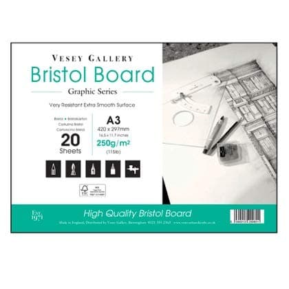 A3 Bristol Board Pad. 20 Sheets of Smooth White 250gsm Board by Vesey Gallery