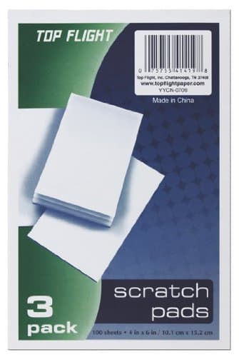 Top Flight Scratch Pads, 4 x 6 Inches, White, 100 Sheets per Pad, 3 Pads per Pack (4650132)