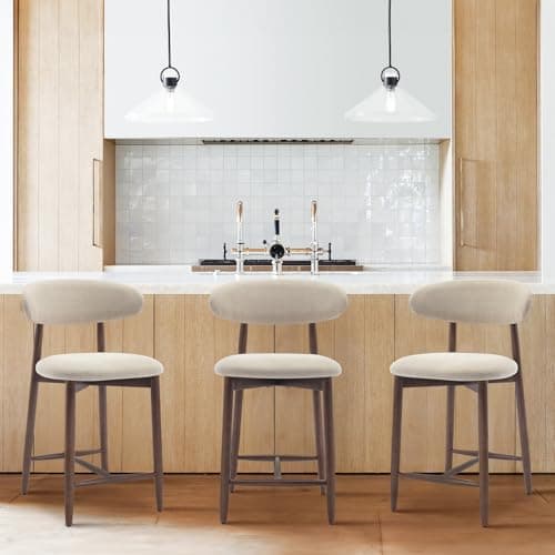 COLAMY Counter Height Bar Stools Set of 3, Kitchen Bar Stools with Back, Mid Century Modern Upholstered, with Wood Legs for Kitchen Island Dining Room, Beige