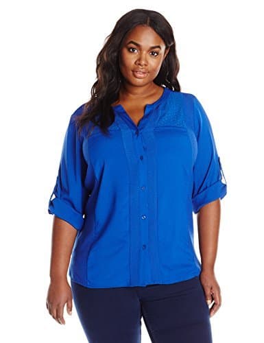 Calvin Klein Women's Plus Size L/S Mix Media Roll Sleeve